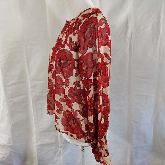 Forever 21 Shirt Top Blouse Size Small Sheer Floral Keyhole Button Red Beige - Picture 4 of 11